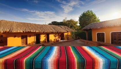wooden table with traditional mexican tablecloths traditional mexican house background