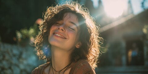 Radiant Joy - A Young Womans Sun-Kissed Smile in Golden Light.