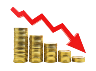Stacks of golden coins with a red arrow pointing down representing financial loss economic recession and market decline Transparent PNG