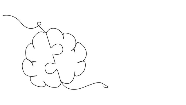 Self drawing animation of single line draw of human brain forming from piece of puzzles logo identity. Head anatomy and smart psychological people concept. Continuous line draw. Full length animated