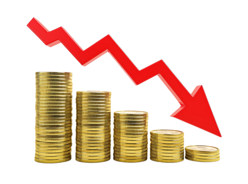 Stacks of golden coins with a red arrow pointing down representing financial loss economic recession and market decline Transparent PNG