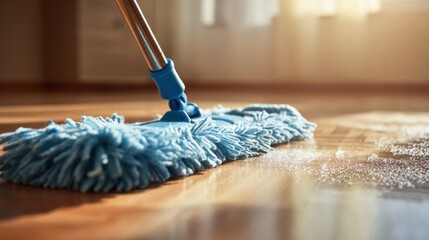 Close-up of a mop cleaning a wooden floor.