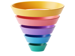 Colorful funnel diagram layered 3D render concept for data analysis and sales conversion Transparent PNG
