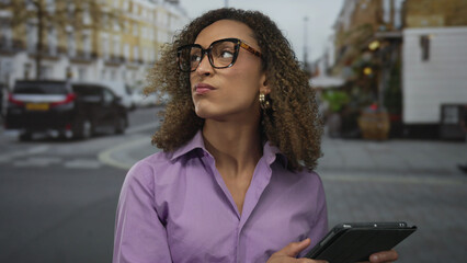 Hispanic transgender woman with curly hair wearing glasses scrolling a tablet device on street; thoughtful curiosity.