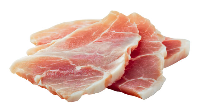 A row of raw pork slices, fresh uncooked meat pieces, healthy protein food ingredient, red ham strips for cooking, a butcher shop product concept.