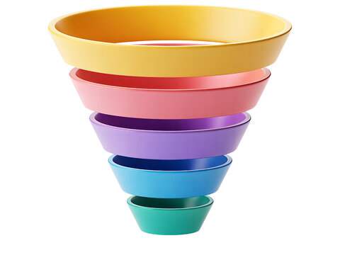 Colorful funnel diagram layered 3D render concept for data analysis and sales conversion Transparent PNG