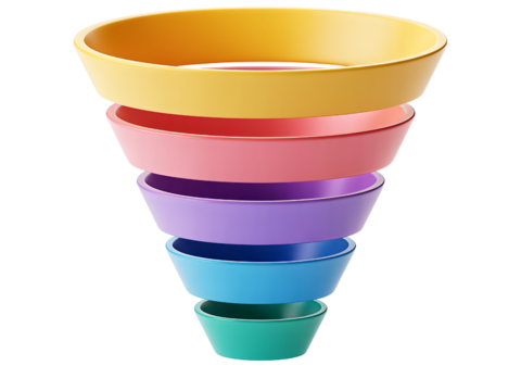 Colorful funnel diagram layered 3D render concept for data analysis and sales conversion Transparent PNG
