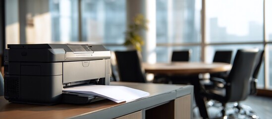 Printer on desk in modern office setting with natural light.