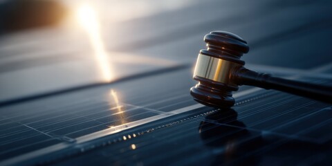 Gavel on Solar Panel - Legal and Environmental Implications of Renewable Energy.