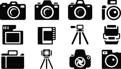 Obraz premium Photography and Video Camera Icons Vector Set, Featuring DSLR, Film, and Digital Cameras, Tripod, and Accessories Silhouettes for Media, Technology, and Art.