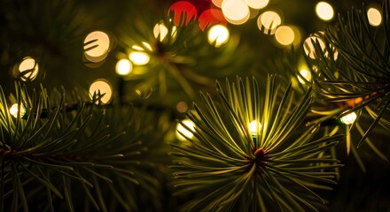 Holiday cheer radiates from the evergreen branches, adorned with twinkling lights. A warm, cozy scene.