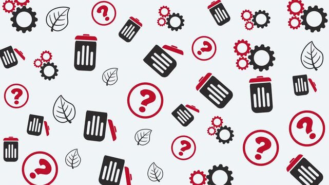 Repeated pattern of trash bins and question marks icons in a flat graphic style, seamless design, digital illustration, simple background, top view
