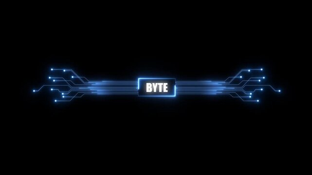 animation neon shows process of turning on the BYTE in the motherboard. 4K BYTE chip set and electric circuit with data transfer moving on dark background for technology cyber and futuristic concept