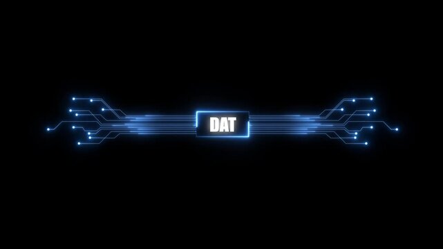 animation neon shows process of turning on the DAT in the motherboard. 4K DAT chip set and electric circuit with data transfer moving on dark background for technology cyber and futuristic concept