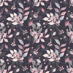 Watercolor seamless pattern with purple and pink bouquets. Bouquets of pink and purple lilies with berries. Hand-drawn print for design and decoration. Suitable for wrapping paper and textiles.