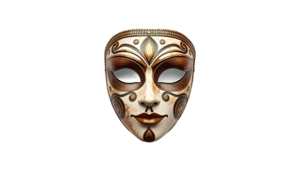 Ornate venetian masquerade mask with intricate gold and brown detailing isolated on transparent background