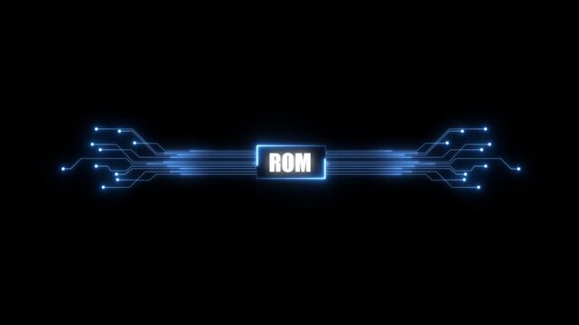 animation neon shows process of turning on the ROM in the motherboard. 4K ROM chip set and electric circuit with data transfer moving on dark background for technology cyber and futuristic concept