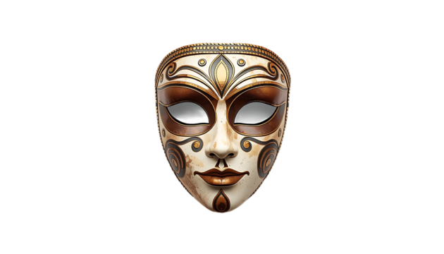 Ornate venetian masquerade mask with intricate gold and brown detailing isolated on transparent background
