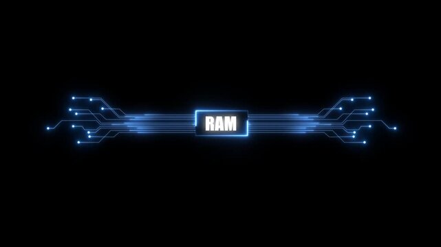animation neon shows process of turning on the RAM in the motherboard. 4K RAM chip set and electric circuit with data transfer moving on dark background for technology cyber and futuristic concept