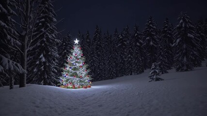 Winter wonderland illuminated christmas tree in snowy forest at night