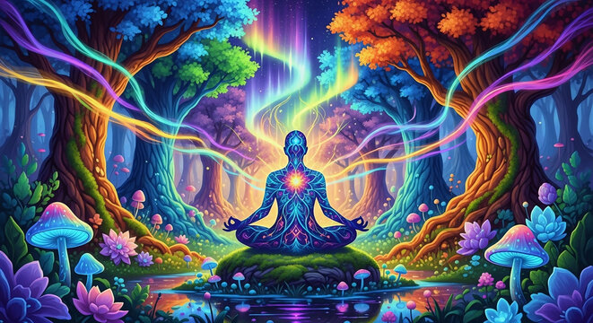 Gold Buddha statue sitting in lotus position for spiritual yoga meditation and zen peace illustration