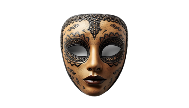 Ornate venetian masquerade mask with intricate patterns and dark lipstick isolated on transparent background
