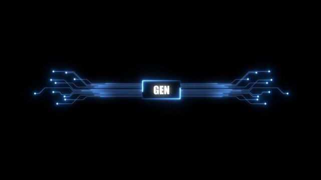 animation neon shows process of turning on the GEN in the motherboard. 4K GEN chip set and electric circuit with data transfer moving on dark background for technology cyber and futuristic concept
