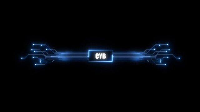 animation neon shows process of turning on the CYB in the motherboard. 4K CYB chip set and electric circuit with data transfer moving on dark background for technology cyber and futuristic concept