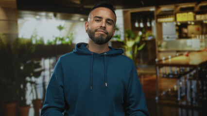Fototapeta premium Man with exposed face and beard wearing teal hoodie standing with hands clasped in a restaurant building; confidence casual attitude.