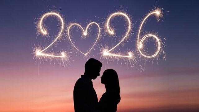 Romantic couple celebrating 2026 with sparklers at sunset