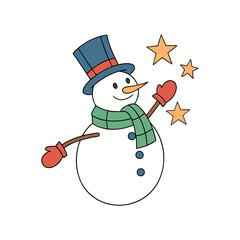 Happy snowman wearing a hat and scarf with stars