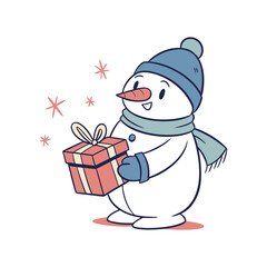 Cute snowman holding a gift box with snowflakes