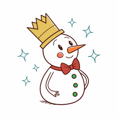 Cute snowman wearing a golden crown and red bow tie with sparkling stars