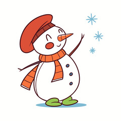 Cute cartoon snowman wearing a hat and scarf enjoying the falling snow