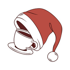 Christmas santa hat covering a cup of coffee