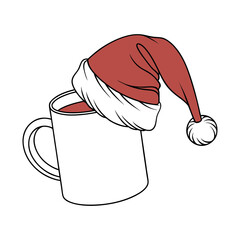 White mug with red santa hat on top filled with red liquid
