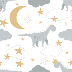 Dinosaurs roam among clouds and space bodies, seamless pattern with night sky and moons, cute dinosaur sleeping in the sky among clouds and stars, cute children's pattern for fabric and wallpaper 
