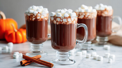 Fictional four glass mugs of hot chocolate with marshmallows on a marble table, with pumpkins and cinnamon sticks. Concept for Thanksgiving, autumn holiday menus. Cosy moments at home.
