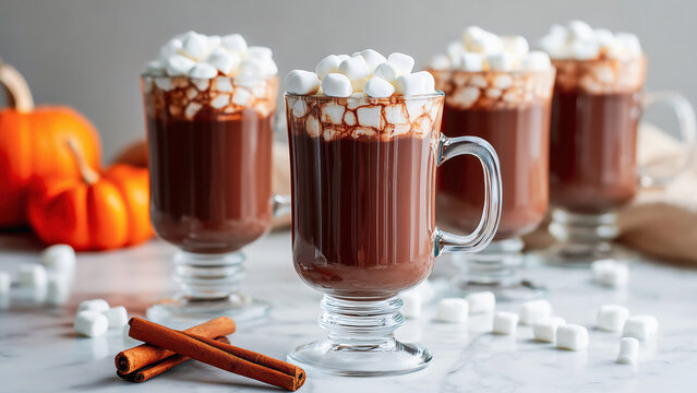 Fictional four glass mugs of hot chocolate with marshmallows on a marble table, with pumpkins and cinnamon sticks. Concept for Thanksgiving, autumn holiday menus. Cosy moments at home.