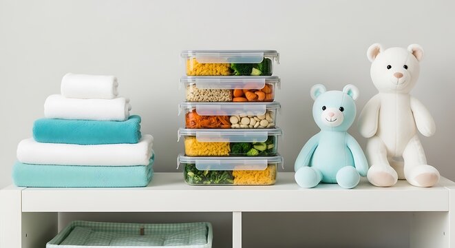 Shelf organization featuring food containers plush toys and neatly stacked towels for home organization