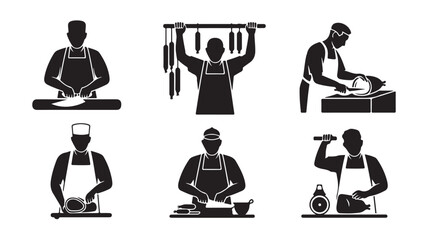 Set of butcher icons silhouette vector illustration of meat processing and preparation isolated on white background