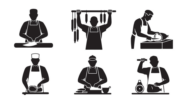 Set of butcher icons silhouette vector illustration of meat processing and preparation isolated on white background