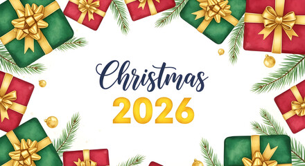 Festive christmas 2026 greeting card with watercolor gifts and pine branches isolated on white background for holiday wishes