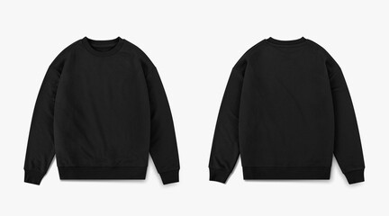 black crewneck from front and back side on white background, regular black sweatshirt for mockup