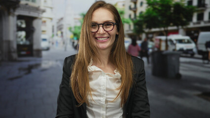 Woman wearing glasses smirks on a bustling city street with white shirt and black jacket; playful...