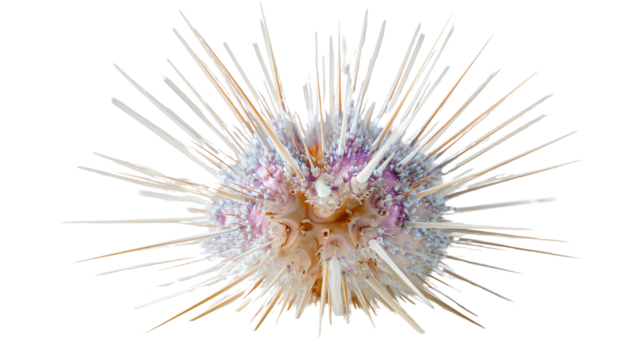 A white sea urchin skeleton, a macro marine life shell with spines, a detailed echinoderm texture, a dry ocean animal object for biology.