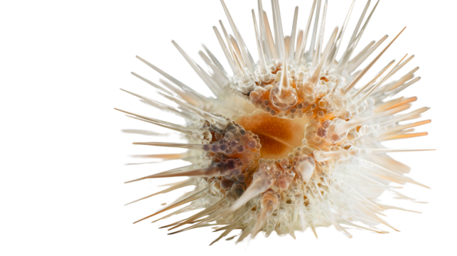An orange sea urchin with sharp spines, a prickly marine life object, a detailed tropical ocean animal, a macro aquatic nature texture close-up.