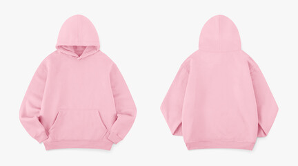 pink hoodie from front and back side on white background, regular pink hoodie for mockup