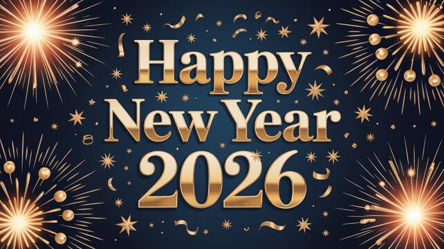 Celebrate New Year 2026 with festive gold fireworks and confetti