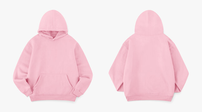 pink hoodie from front and back side on white background, regular pink hoodie for mockup